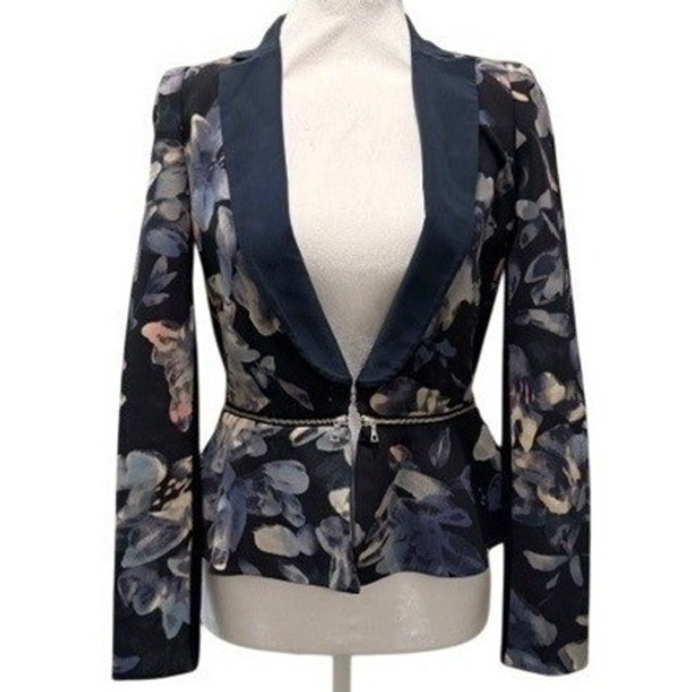 Rebecca Taylor Hawaii Womens 0 Silk Floral Peplum Zip Blazer Jacket Black Blue